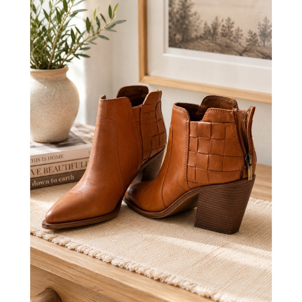 Vince Camuto Cognac Leather Woven Ankle Boots Pointed Toe Block Heel Booties